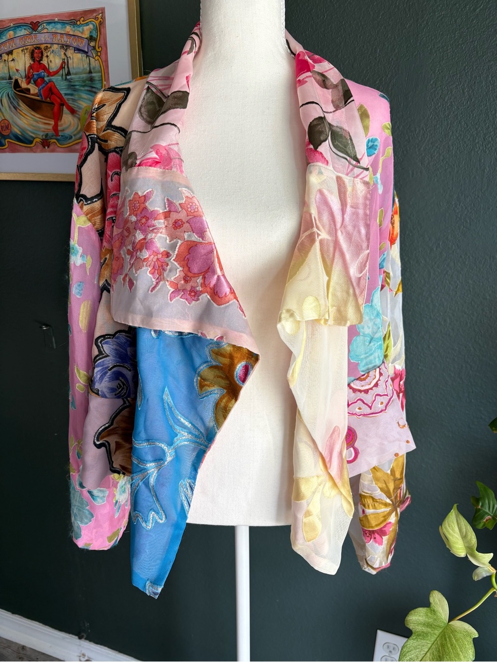 VTG 90s Champagne Collection Floral Patchwork Sheer Kimono Jacket One Size